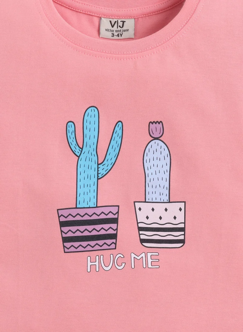 Victor And Jane  Girls Cactus Print Cotton Pajama Set – T-Shirt & Shorts Nightwear for Women | Best Price UAE